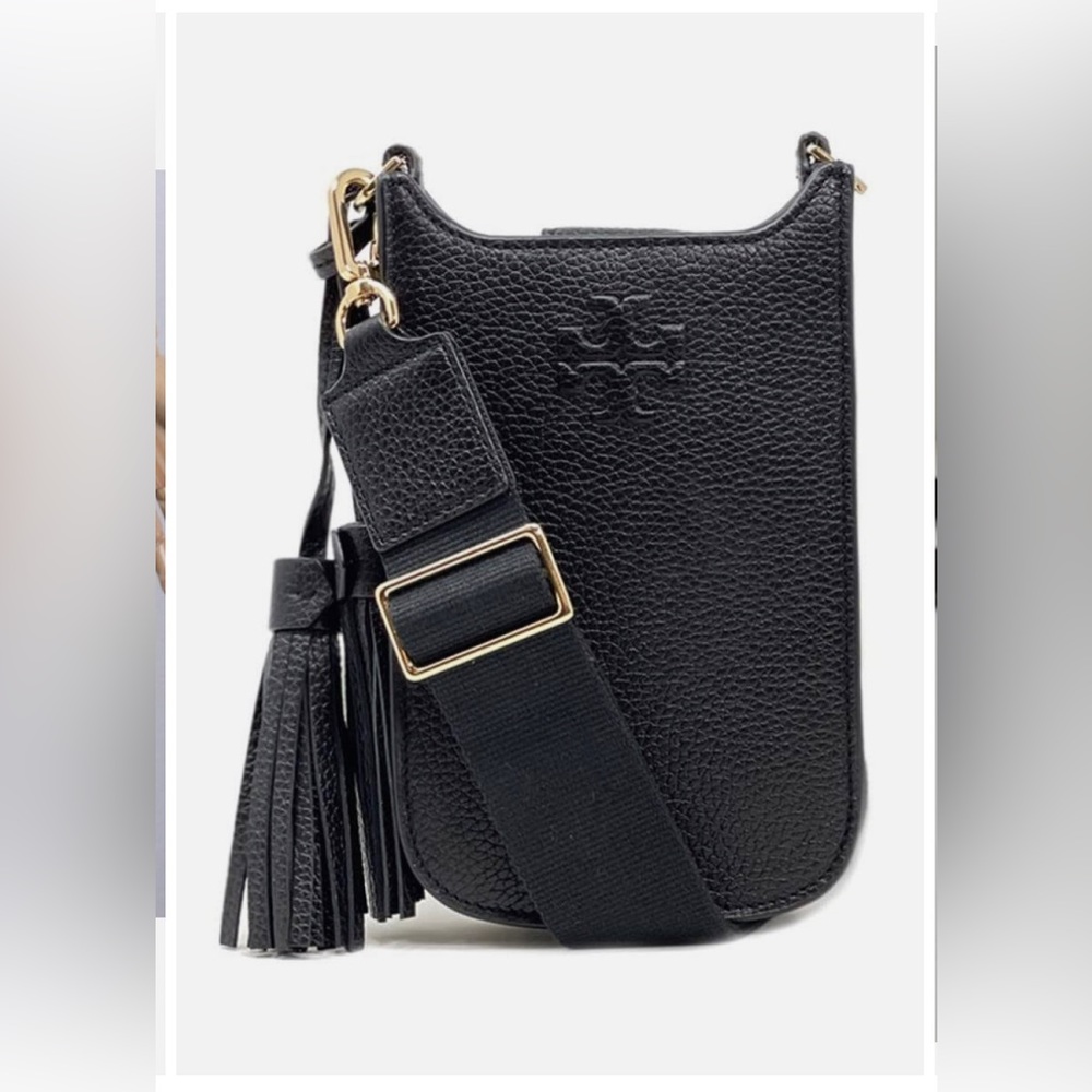 Tory Burch Black Pebbled Leather Crossbody Phone Pouch with Tassel Strap
